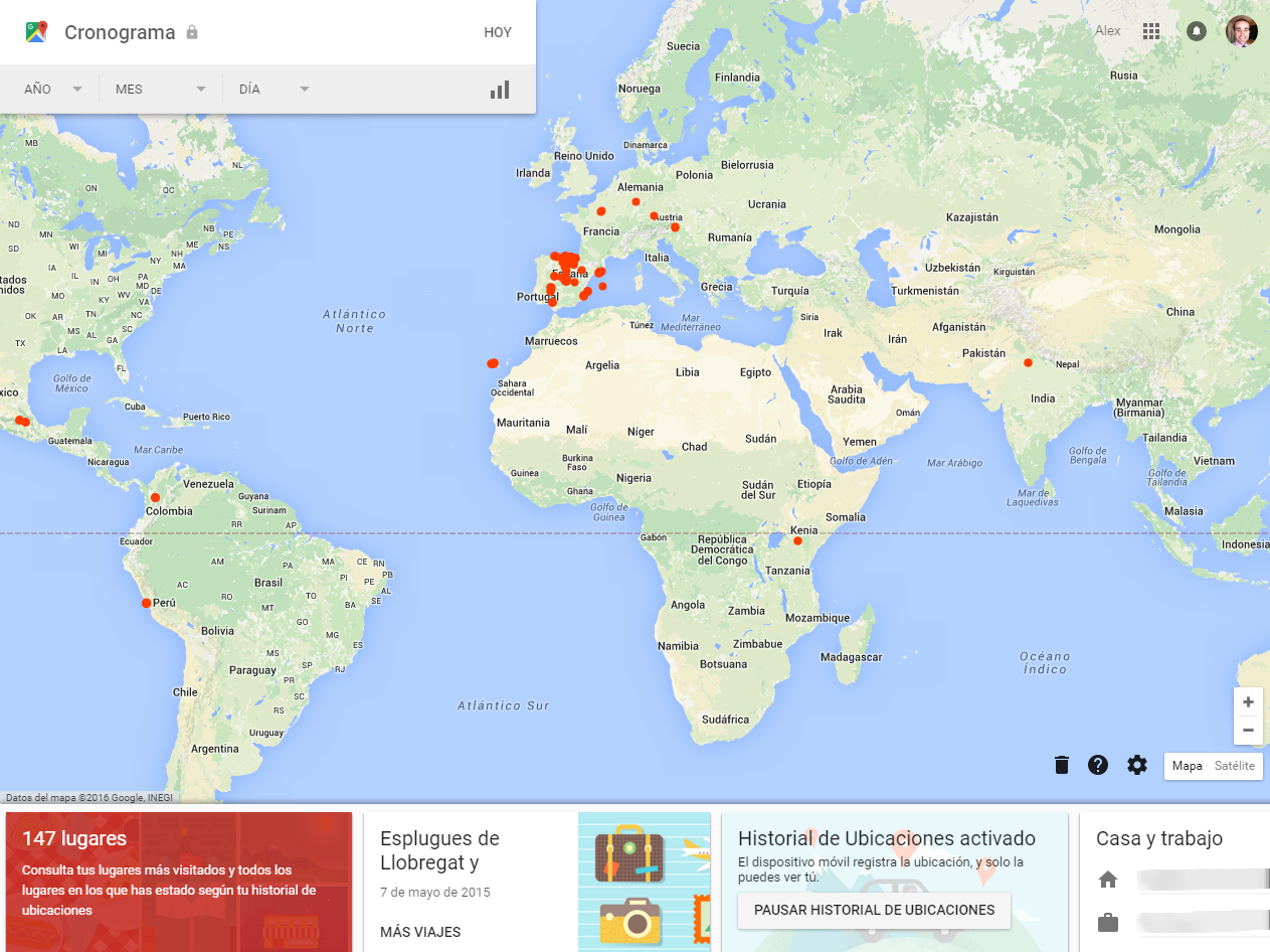 Historial de localizaciones en Google Maps (Fuente: elaboración propia a partir de Google Maps)