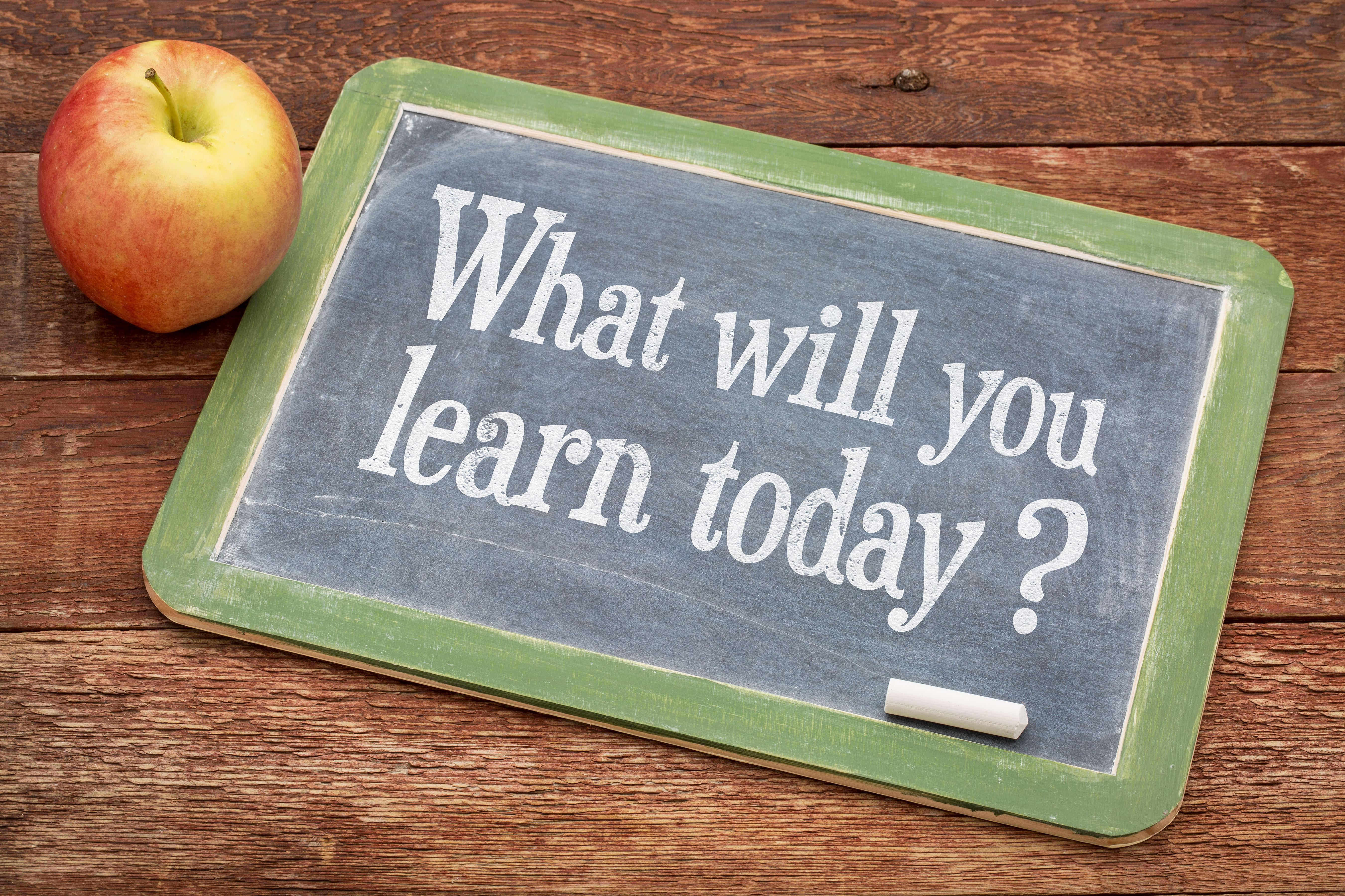 What will you learn today? A question on a slate blackboard against red barn wood